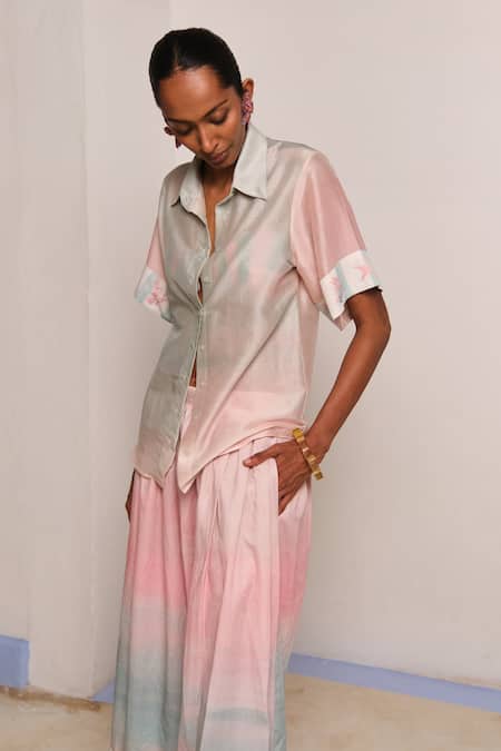 Buy_Shimona_Pink Chanderi Silk Collared Ocean Mist Shirt _Online_at_Aza_Fashions