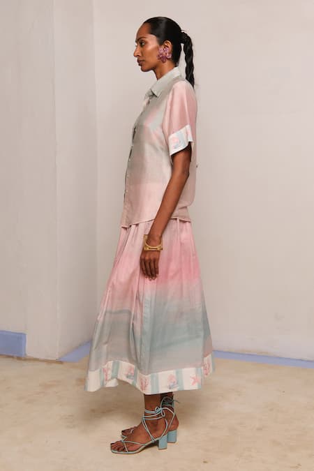 Shop_Shimona_Pink Chanderi Silk Collared Ocean Mist Shirt _Online_at_Aza_Fashions