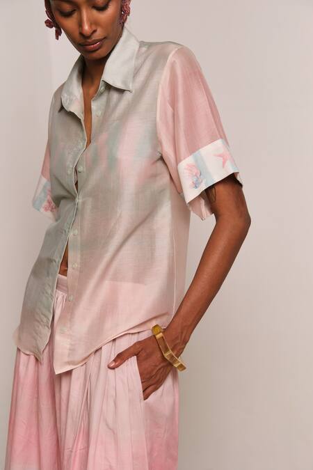 Shimona_Pink Chanderi Silk Collared Ocean Mist Shirt _at_Aza_Fashions