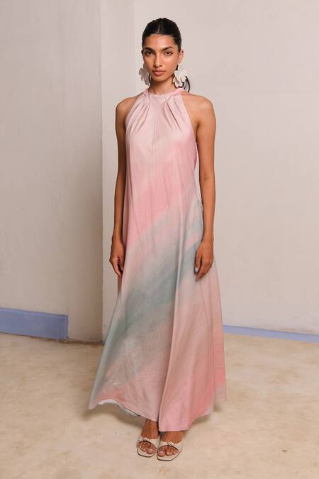 Shimona_Pink Cotton Satin Halter Neck Ocean Mist Dress _Online_at_Aza_Fashions