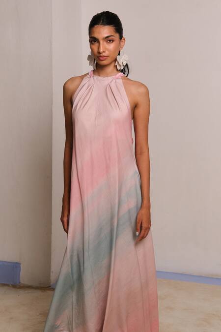 Buy_Shimona_Pink Cotton Satin Halter Neck Ocean Mist Dress _Online_at_Aza_Fashions