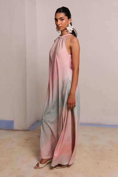 Shop_Shimona_Pink Cotton Satin Halter Neck Ocean Mist Dress _Online_at_Aza_Fashions