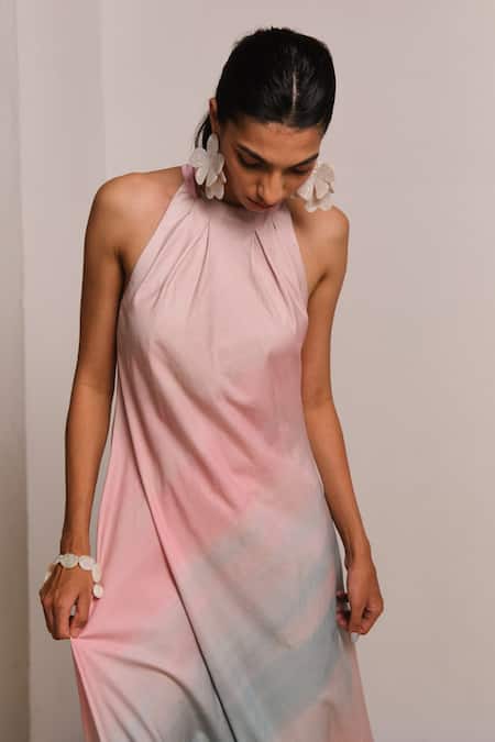 Shimona_Pink Cotton Satin Halter Neck Ocean Mist Dress _at_Aza_Fashions