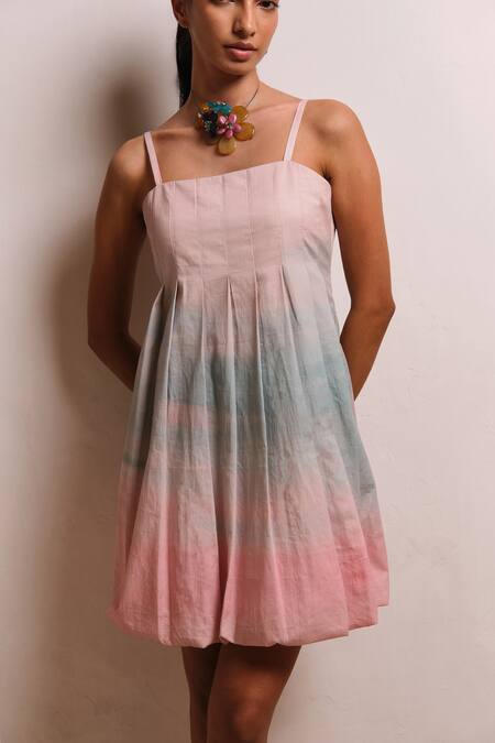 Shop_Shimona_Pink Cotton Satin Square Neck Ocean Mist Mini Dress _Online_at_Aza_Fashions