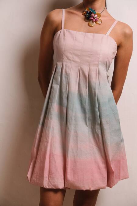 Shimona_Pink Cotton Satin Square Neck Ocean Mist Mini Dress _at_Aza_Fashions