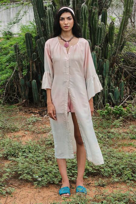 Shop Shimona Pink Silk, Chanderi Round Neck Ocean Mist Kaftan Online at Aza Fashions Shop_Shimona_Pink Silk, Chanderi Round Neck Ocean Mist Kaftan _Online_at_Aza_Fashions