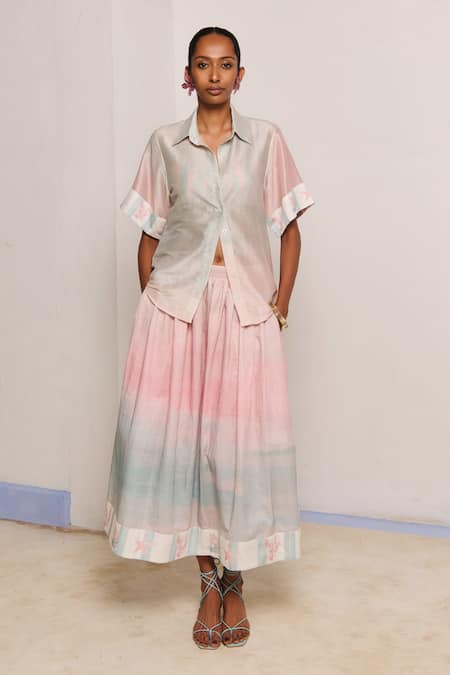 Shimona_Pink Cotton Satin V-neck Ocean Mist Skirt Set _Online_at_Aza_Fashions