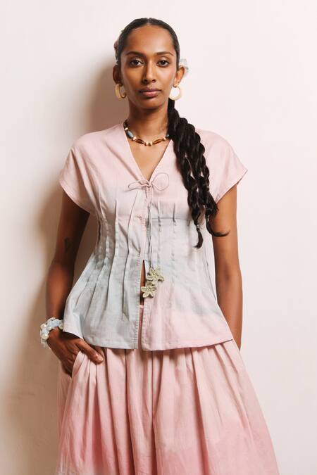 Buy_Shimona_Pink Cotton Satin V-neck Ocean Mist Skirt Set _Online_at_Aza_Fashions