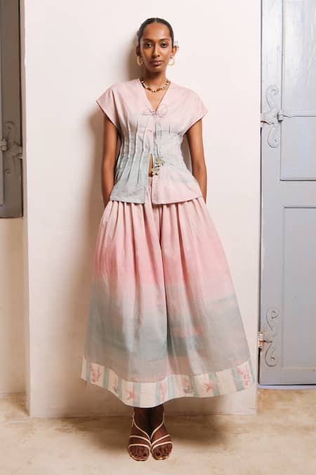 Shimona Pink Cotton Satin V-neck Ocean Mist Skirt Set