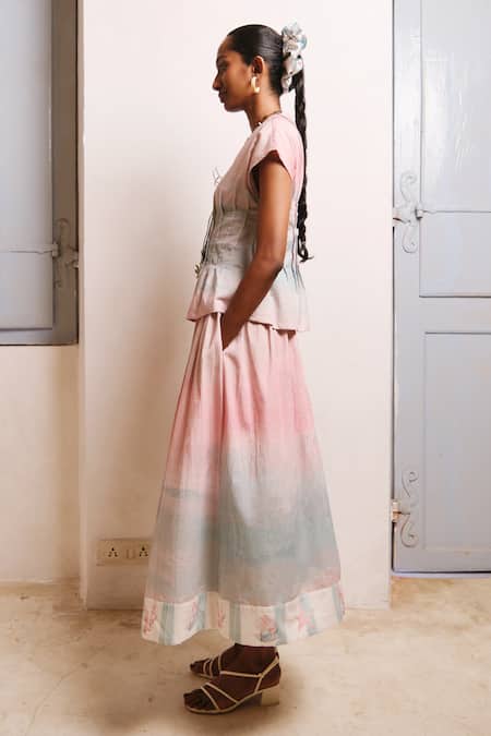 Shop_Shimona_Pink Cotton Satin V-neck Ocean Mist Skirt Set _Online_at_Aza_Fashions