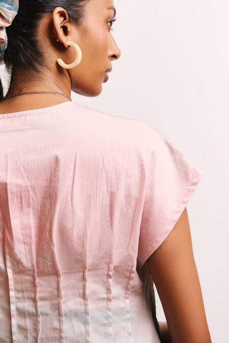 Buy_Shimona_Pink Cotton Satin V-neck Ocean Mist Skirt Set 