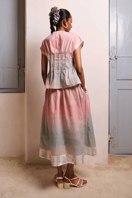 Shimona Ocean Mist Cotton Satin Skirt Set 