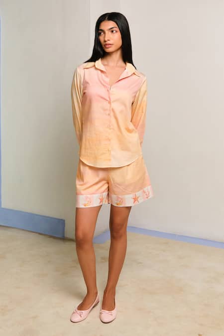 Shimona Yellow Cotton Satin Embroidery Collared Reef Set