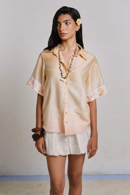 Shimona Yellow Silk, Chanderi Embroidery Collared Reef Shirt