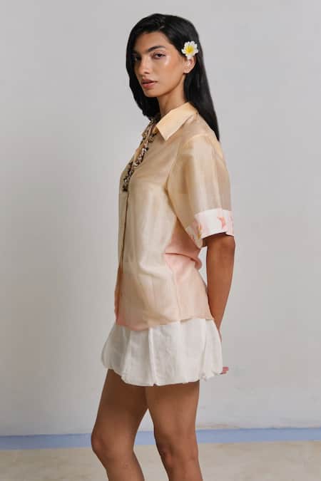 Shimona_Yellow Silk, Chanderi Embroidery Collared Reef Shirt _Online_at_Aza_Fashions