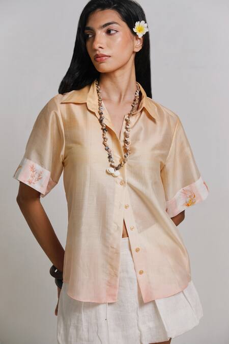 Buy_Shimona_Yellow Silk, Chanderi Embroidery Collared Reef Shirt _Online_at_Aza_Fashions