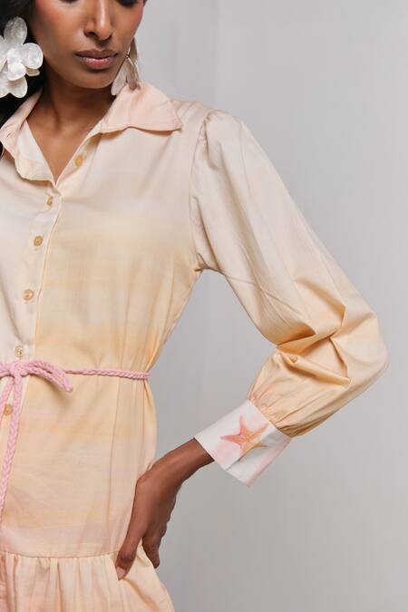 Shimona_Yellow Cotton Satin Collared Reef Shirt Dress _Online_at_Aza_Fashions