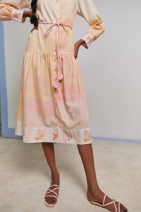 Buy_Shimona_Yellow Cotton Satin Collared Reef Shirt Dress _Online_at_Aza_Fashions