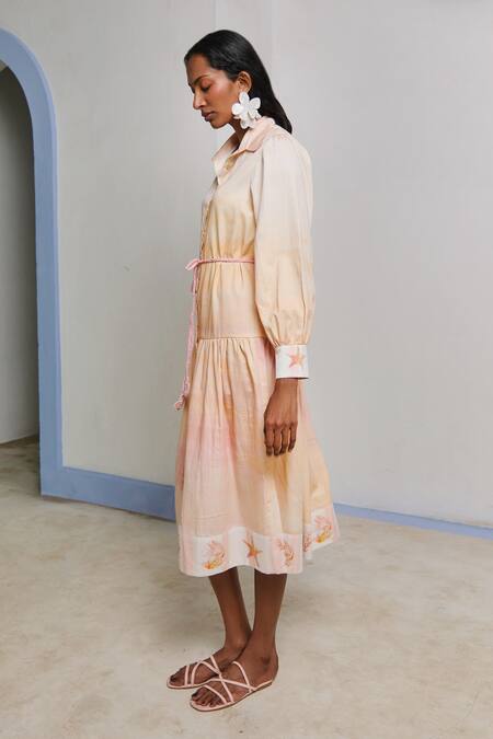 Shop_Shimona_Yellow Cotton Satin Collared Reef Shirt Dress _Online_at_Aza_Fashions
