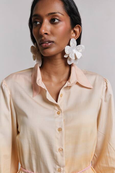 Shimona_Yellow Cotton Satin Collared Reef Shirt Dress _at_Aza_Fashions