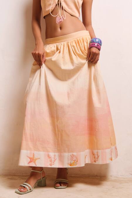 Shimona_Pink Cotton Satin V-neck Yellow Reef Skirt Set _Online_at_Aza_Fashions