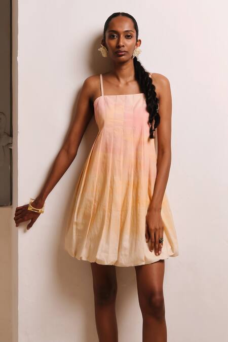 Shimona_Yellow Cotton Satin Square Neck Reef Mini Dress _Online_at_Aza_Fashions