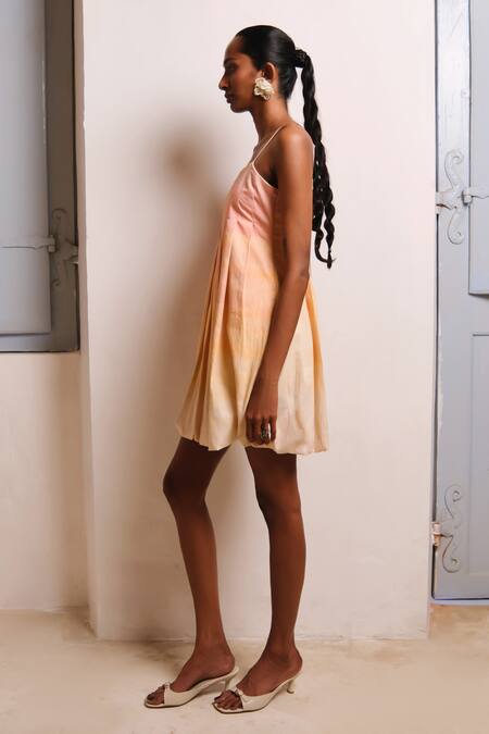 Buy_Shimona_Yellow Cotton Satin Square Neck Reef Mini Dress _Online_at_Aza_Fashions