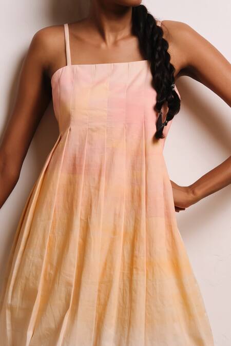 Shop_Shimona_Yellow Cotton Satin Square Neck Reef Mini Dress _Online_at_Aza_Fashions