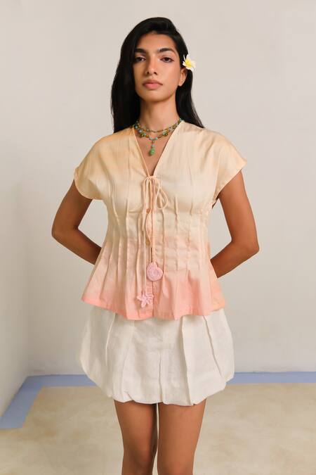 Buy_Shimona_Yellow Cotton Satin Fabric Flowers V-neck Reef Tie Up Top _Online_at_Aza_Fashions