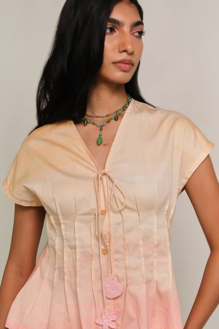 Shop_Shimona_Yellow Cotton Satin Fabric Flowers V-neck Reef Tie Up Top _Online_at_Aza_Fashions