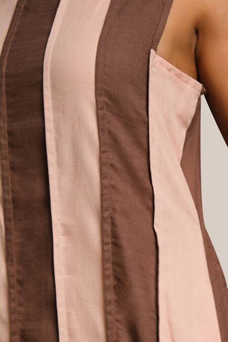 Buy_Shimona_Pink Cotton, Linen Round Neck Striped Sea Salt Dress _Online_at_Aza_Fashions