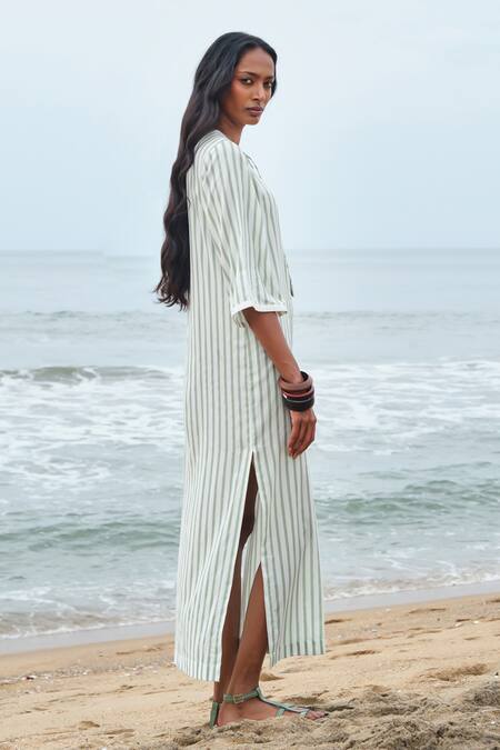 Shimona_Green Modal, Satin Keyhole Neck Striped Dress _Online_at_Aza_Fashions