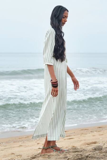 Buy_Shimona_Green Modal, Satin Keyhole Neck Striped Dress _Online_at_Aza_Fashions