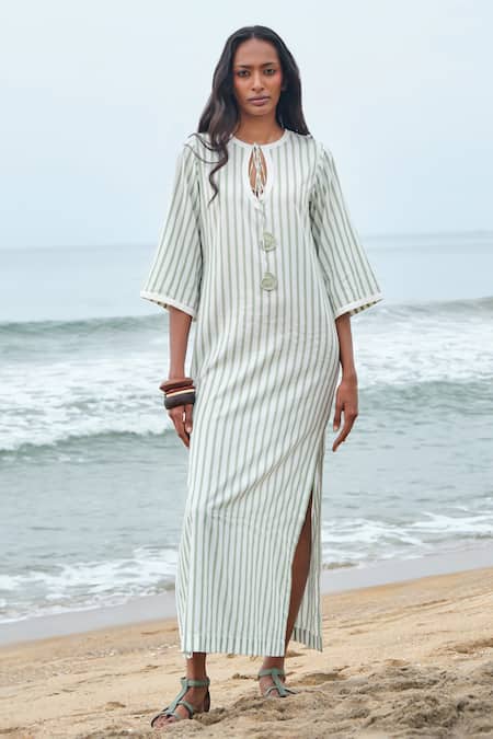 Shimona Green Modal, Satin Keyhole Neck Striped Dress