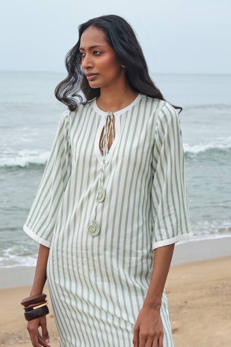 Shop_Shimona_Green Modal, Satin Keyhole Neck Striped Dress _Online_at_Aza_Fashions