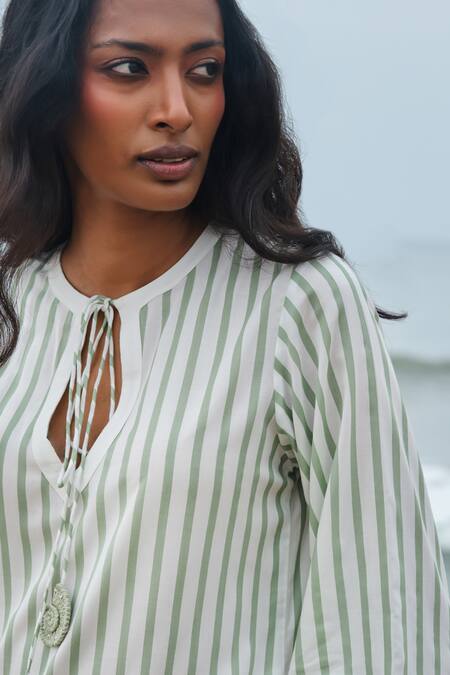Shimona_Green Modal, Satin Keyhole Neck Striped Dress _at_Aza_Fashions