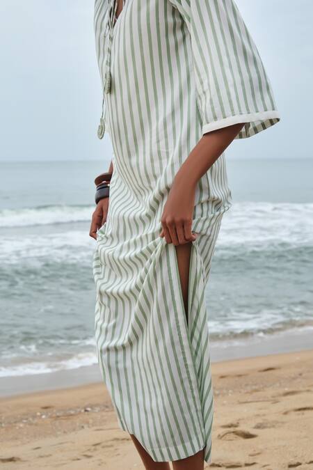 Buy_Shimona_Green Modal, Satin Keyhole Neck Striped Dress 