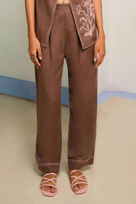 Shimona_Brown Cotton, Linen Embroidery Round Neck Matching Set _Online_at_Aza_Fashions