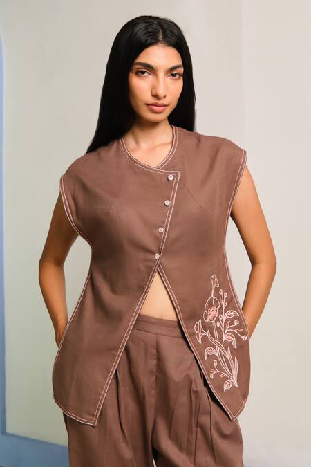 Buy_Shimona_Brown Cotton, Linen Embroidery Round Neck Matching Set _Online_at_Aza_Fashions