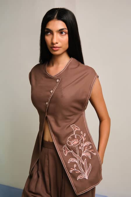 Shop_Shimona_Brown Cotton, Linen Embroidery Round Neck Matching Set _Online_at_Aza_Fashions