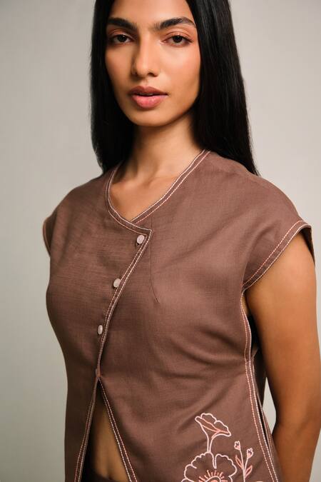 Shimona_Brown Cotton, Linen Embroidery Round Neck Matching Set _at_Aza_Fashions