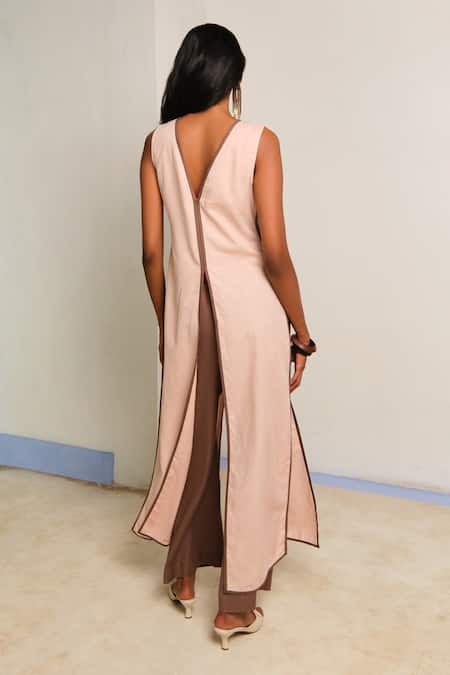 Shimona Pink & Brown Cotton Linen Tunic & Pant Set 