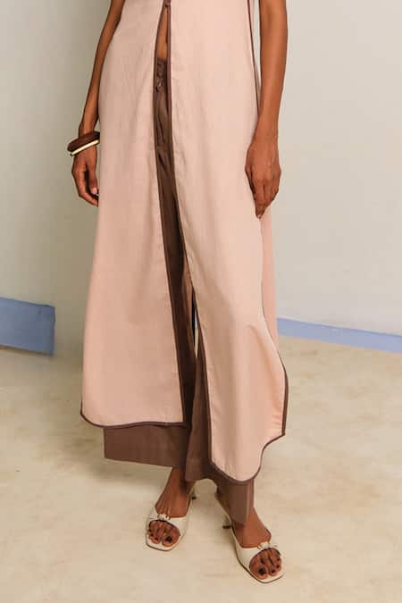 Shop_Shimona_Pink Cotton, Linen V-neck And Brown Tunic & Pant Set _Online_at_Aza_Fashions