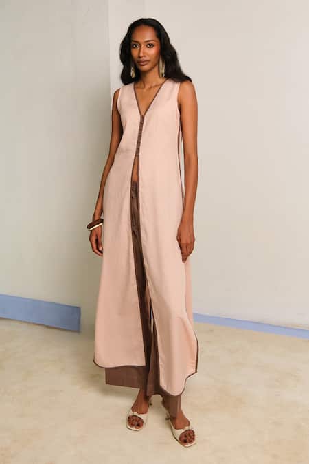 Shimona Pink Cotton, Linen V-neck And Brown Tunic & Pant Set