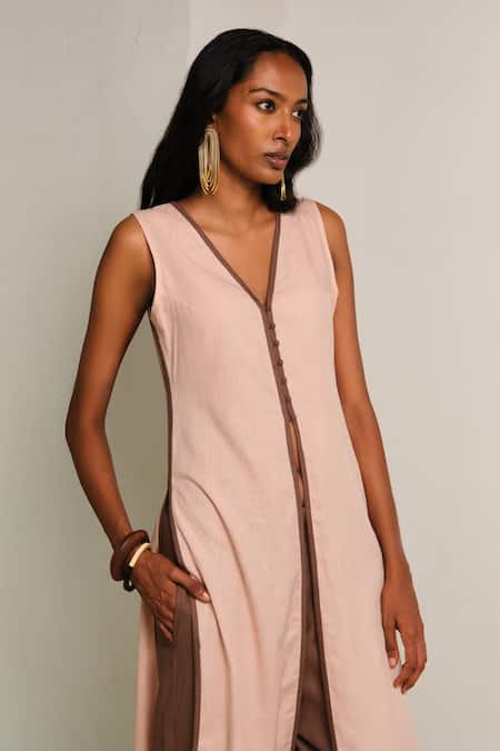 Shimona_Pink Cotton, Linen V-neck And Brown Tunic & Pant Set _at_Aza_Fashions