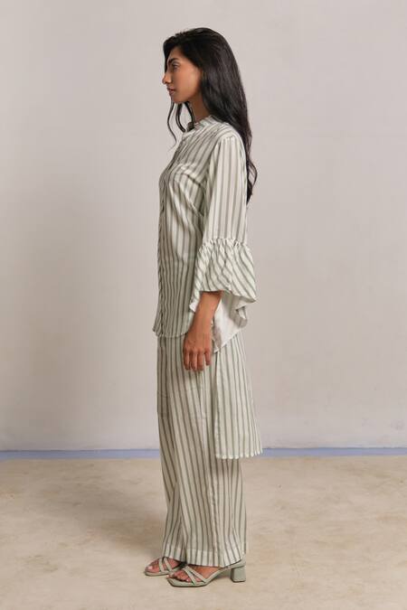 Shimona_Green Modal, Satin Collared Striped Co-ord Set _Online_at_Aza_Fashions