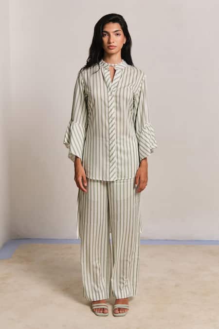 Buy_Shimona_Green Modal, Satin Collared Striped Co-ord Set _Online_at_Aza_Fashions