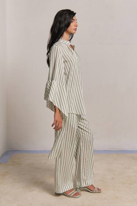 Shop_Shimona_Green Modal, Satin Collared Striped Co-ord Set _Online_at_Aza_Fashions