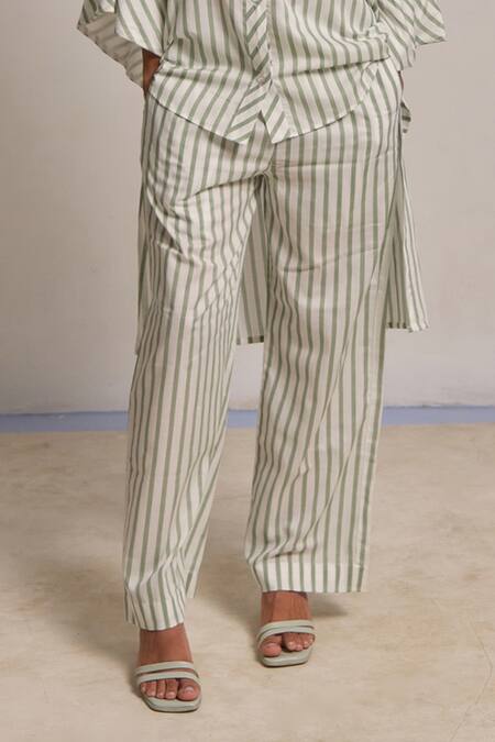 Shimona_Green Modal, Satin Collared Striped Co-ord Set _at_Aza_Fashions