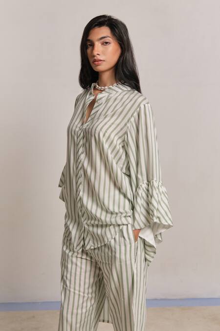 Buy_Shimona_Green Modal, Satin Collared Striped Co-ord Set 